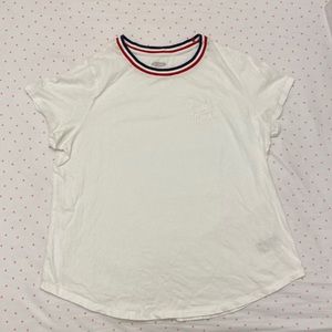 Old Navy, L, White Tshirt w/ red-white-blue neckline. “Let the Good Times Roll”